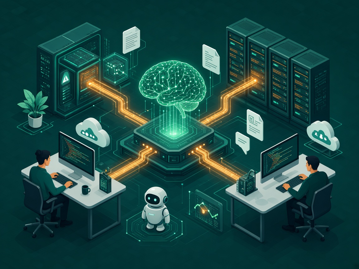 Isometric illustration of an AI engineering workspace — neural network, data pipelines, and engineers at work